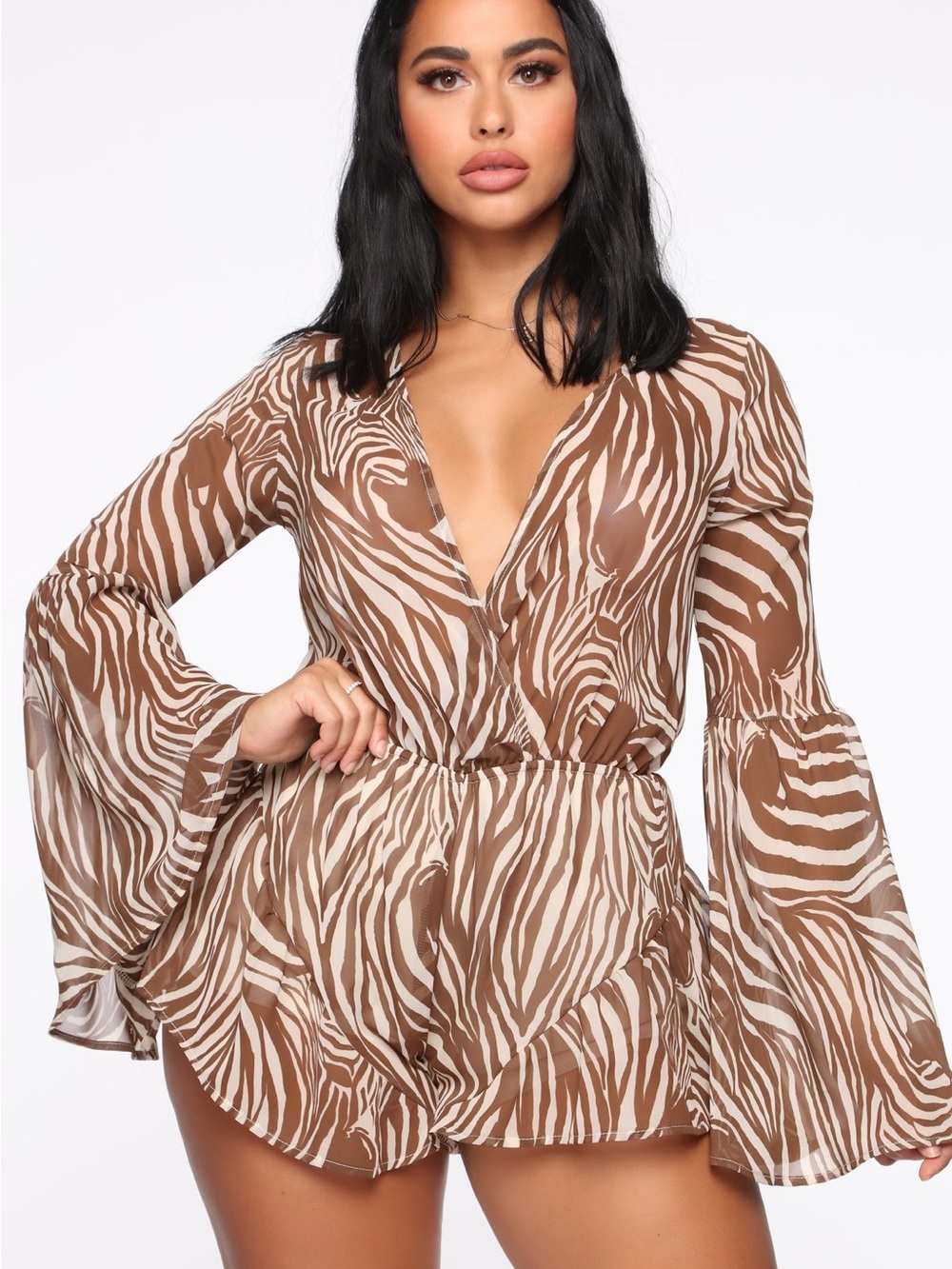 Audrey 3+1 Brown and Cream Zebra-Print Surplice Romper NWOT